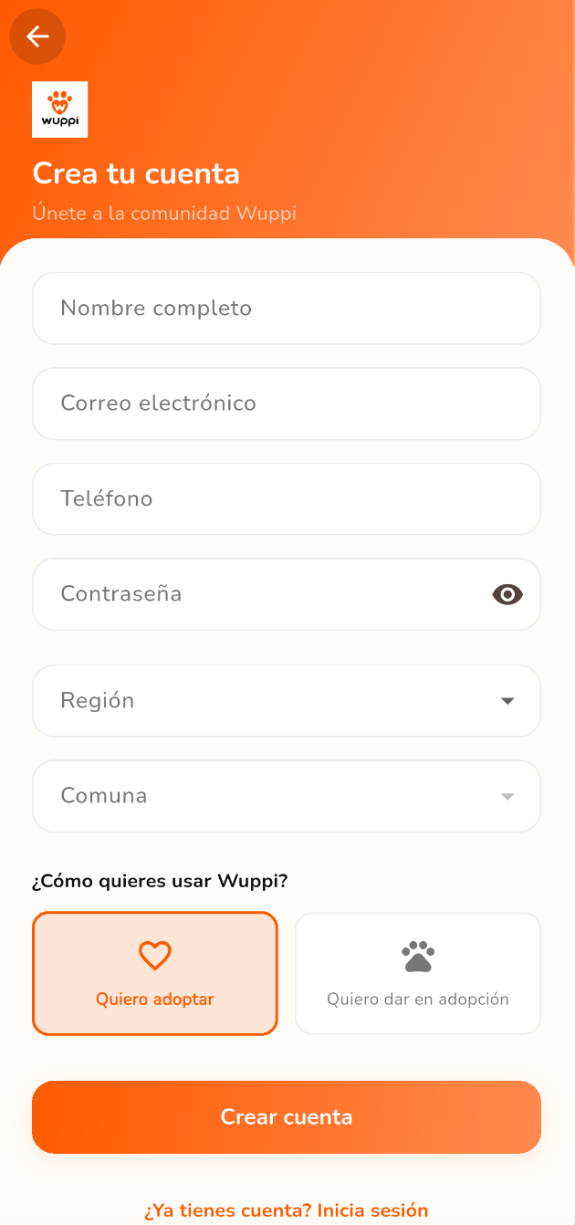 Pantalla de registro de Wuppi